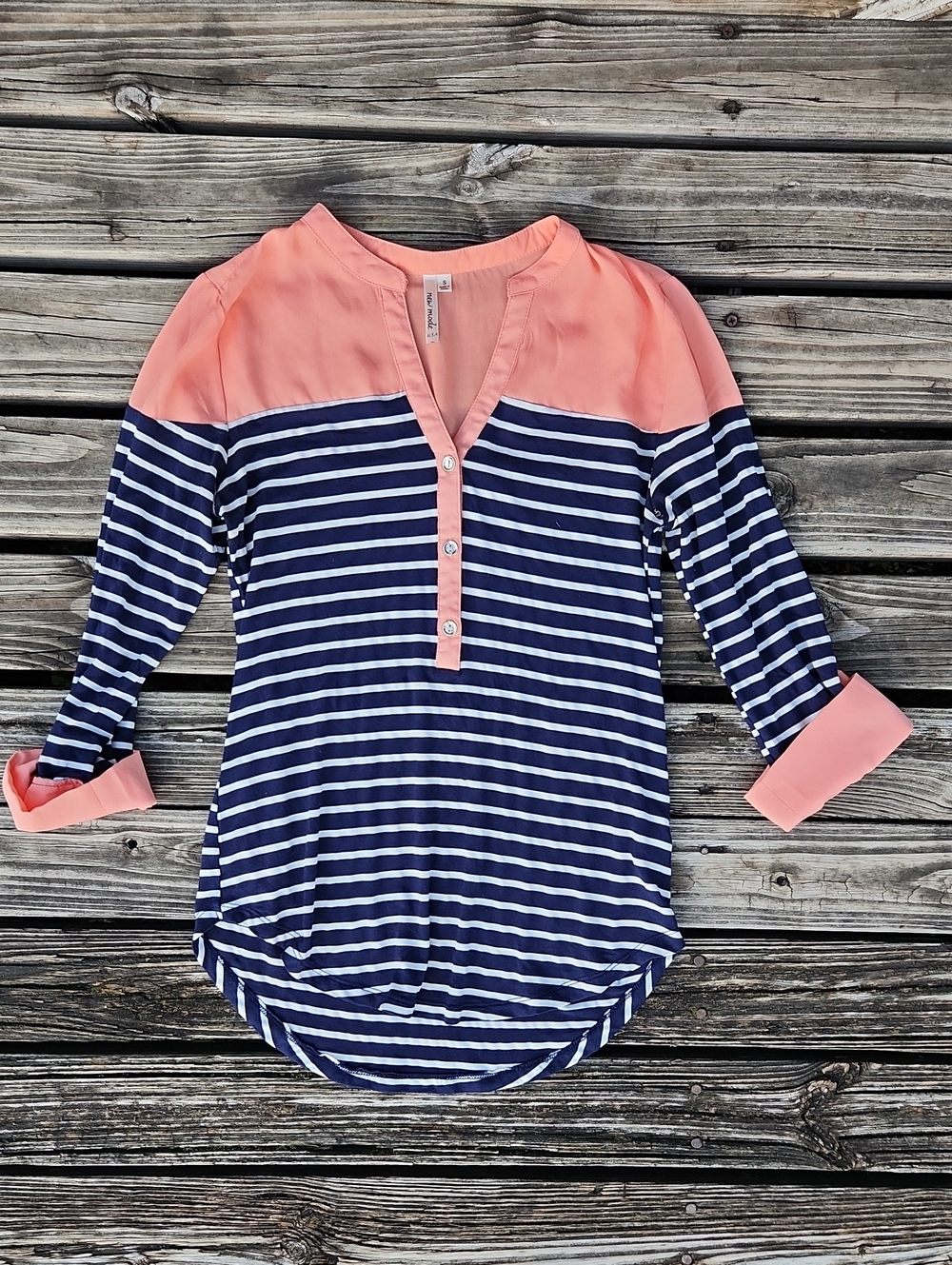 New Mode USA Striped Navy Blue Pink Salmon Small 3/4 Sleeve Office Top Casual